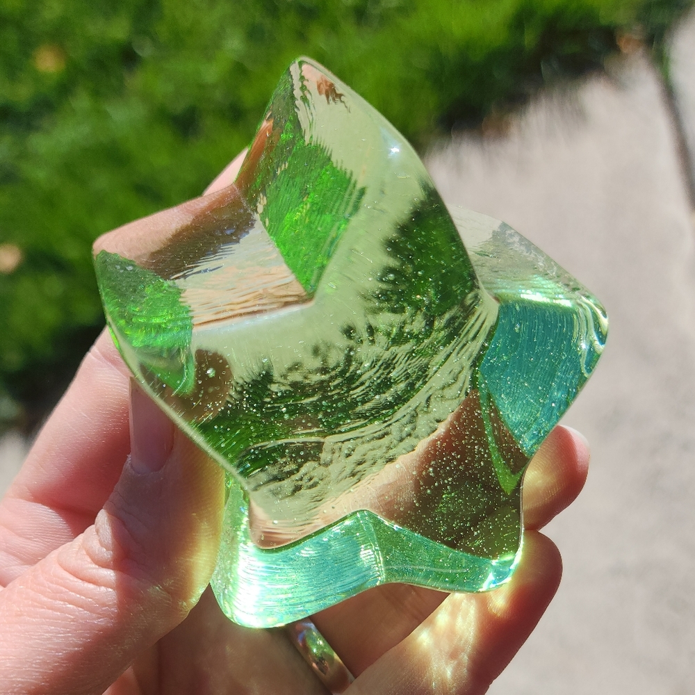 Fire and light celery green recycled glass shooting star signed paperweight